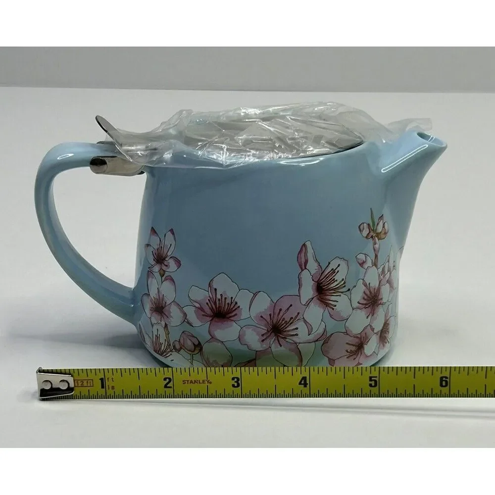 New Alfred Ceramic + Stainless Steel Teapot 20 oz Blue‎ Floral Cherry Blossom